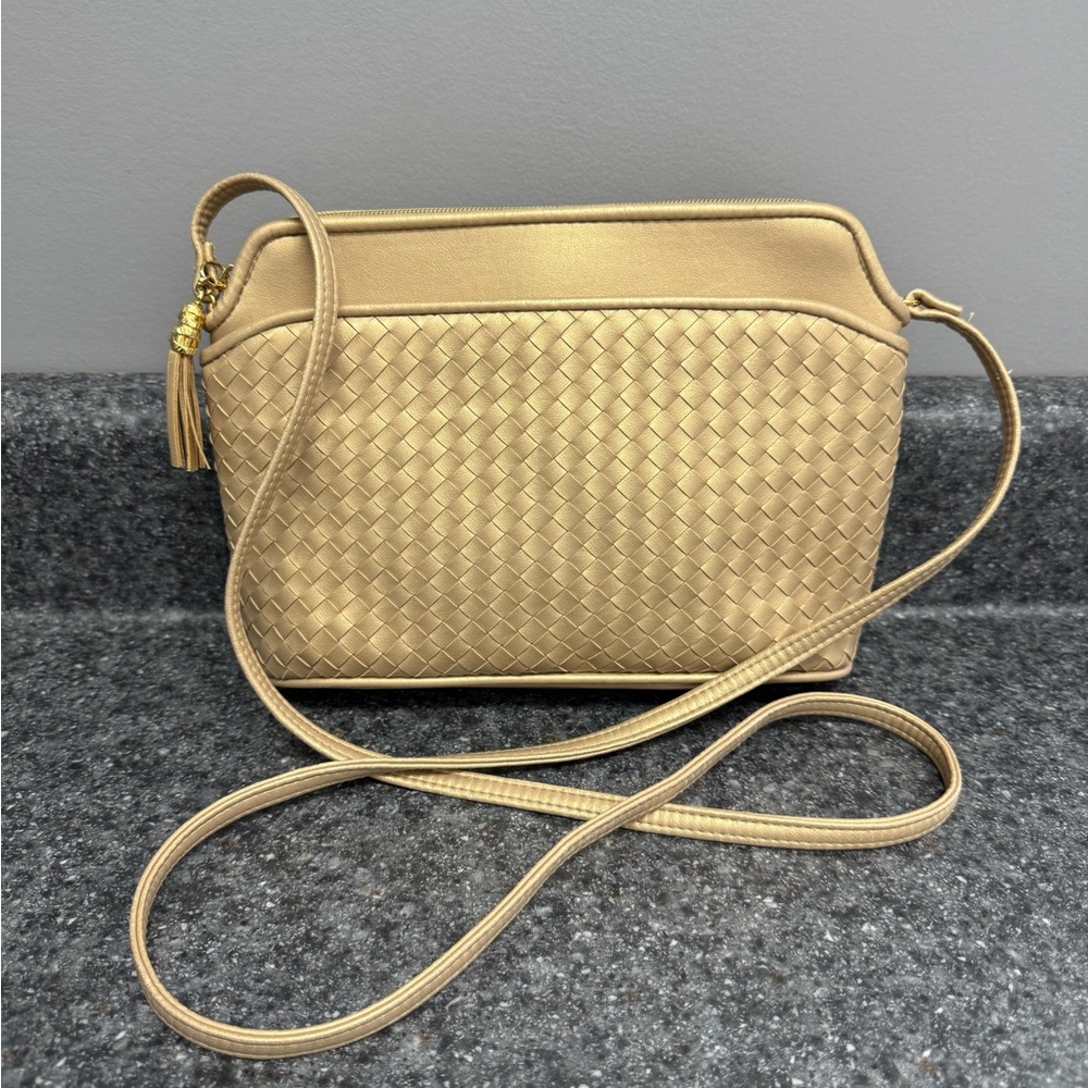 Gold Tassel Faux Gold Leather Woven Crossbody Purse Bag